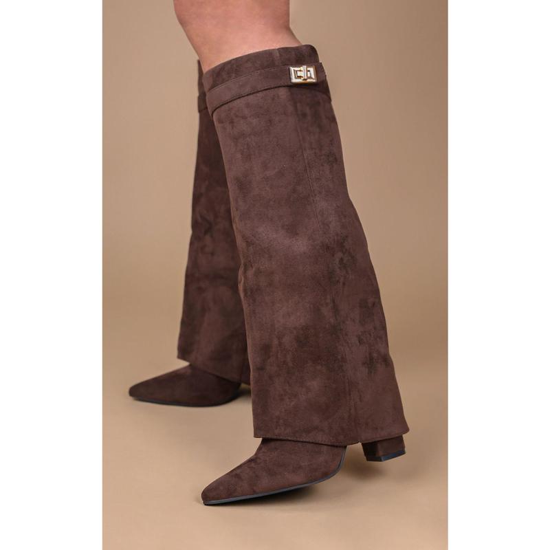 Brown Faux Suede Fold Over Shark Classic Buckle Knee High Boot 0