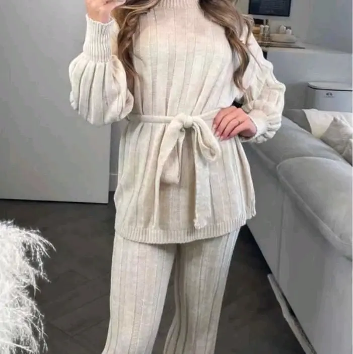 Women's High Neck Knitted 2PC Loungewear Set with Balloon Sleeves and Belt - Nightwear, Womenswear 6