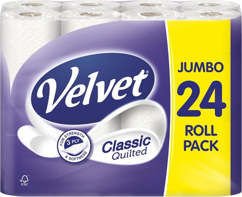 Velvet Classic Quilted Toilet Tissue 24 Rolls - Luxuriously Soft, Strong and Absorbent Toilet Roll - Jumbo Bulk Pack 24 Rolls - 3-ply - White Wipes 1