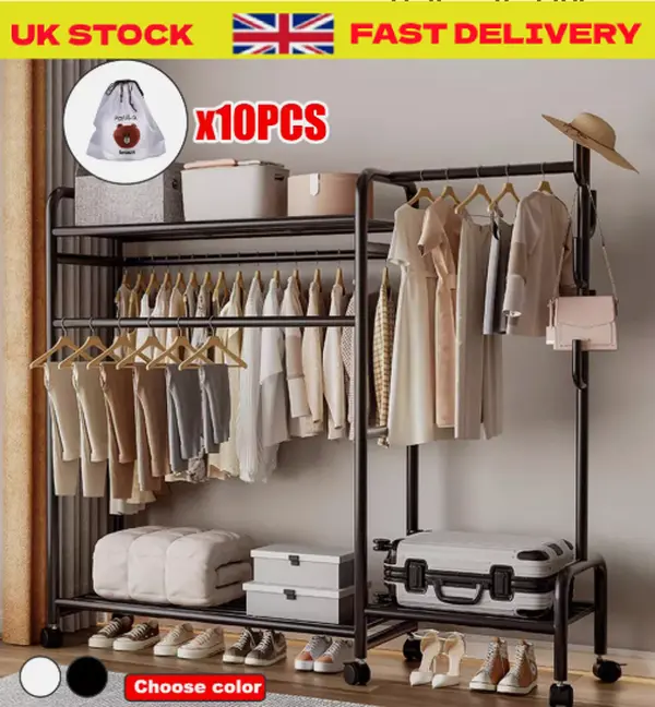 Heavy Duty Double Clothes Rail Rack Garment Hanging Stand Open Wardrobe Shelf UK