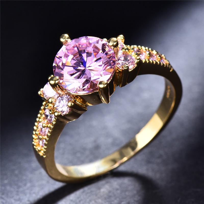 Product Introduction of Boho Purple Pink zirconia Ring Round Cut 18k Gold Plated Wedding Engagement Evening Party Ring 4