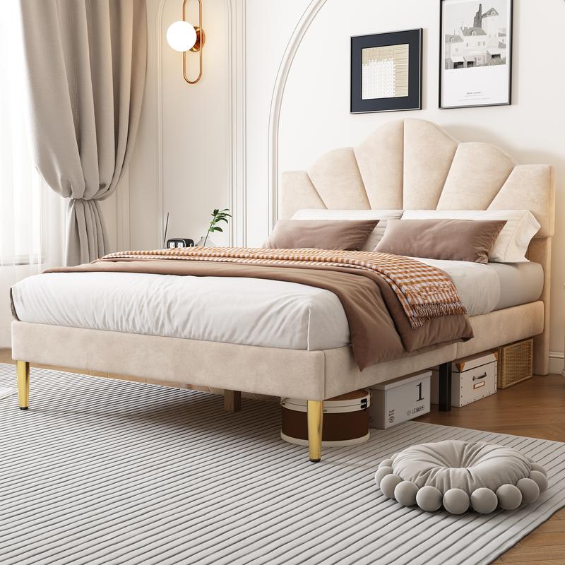 Luxury Uk New King Size Bed-5ft(150*200cm)TV Double Velvet upholstered bed shell-like bed with golden iron legs, height-adjustable headboard, wooden slatted frame, Beige california king 3