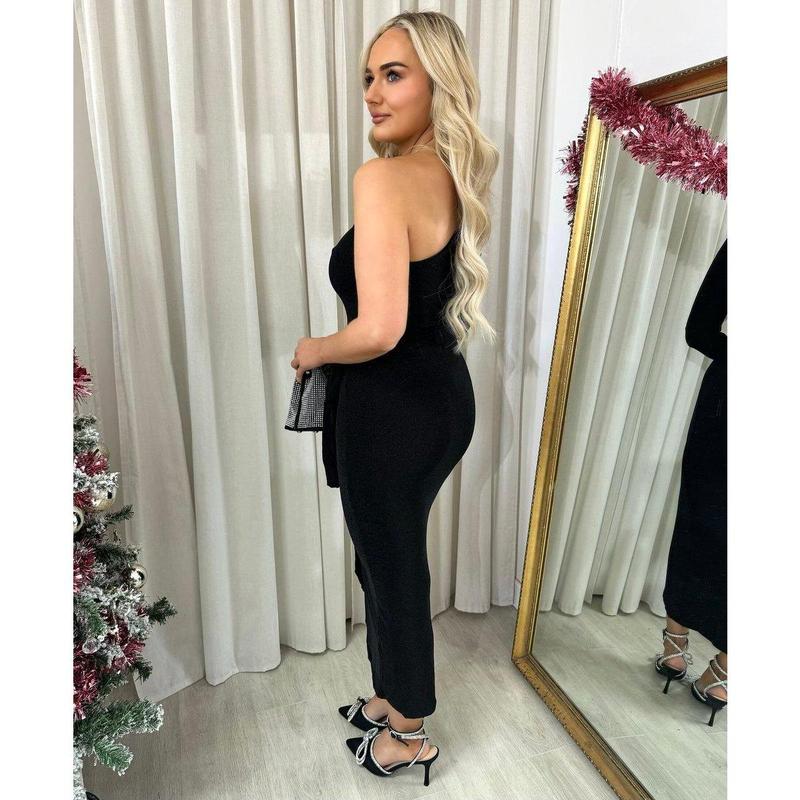 iKrush One Shoulder Wrap Front Glitter Midi Dress i38442 Bodycon Wrap   Mid Calf Length  Collared One Shoulder Occasionwear Partywear Plain Date Night Going Out Party 5