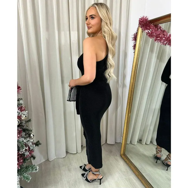 iKrush One Shoulder Wrap Front Glitter Midi Dress i38442 Bodycon Wrap   Mid Calf Length  Collared One Shoulder Occasionwear Partywear Plain Date Night Going Out Party 5