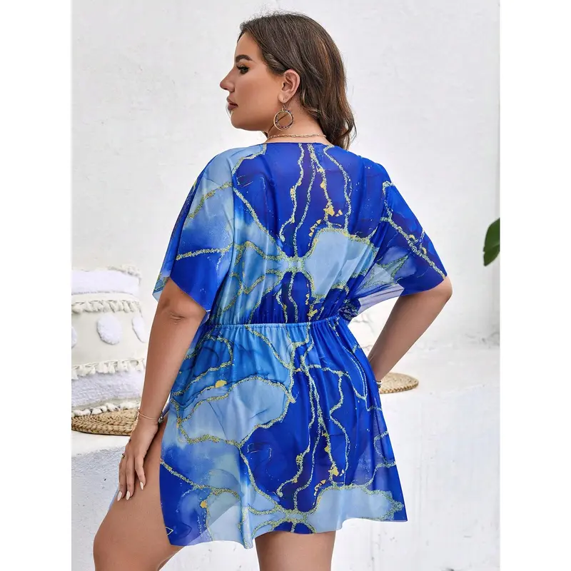 Swim Lushoire Summer Beach Plus Marble Print Batwing Sleeve Knot Front Split Hem Cover Up Dress Blue Casual 1
