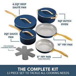 12-Piece Non-Stick Ceramic Cookware Set Pots and Pans with Lids (12 pcs) Aluminum Oven and Dishwasher Safe (Cream) Stylish Handles cooking  bundle coldest  water  bottle butter  churner cleaver  steamer Blue