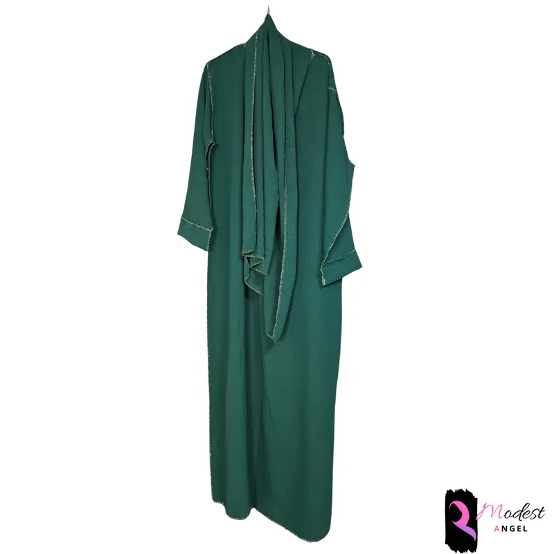 Gold stitch abaya maxi dress attached scarf in 12 colors beige pink dark turquoise black olive green caramel sapphire blue brown grey dark grey bottle green cream light cobalt blue modest islam comfort muslim clothing islamic clothing long sleeve solid mi 4