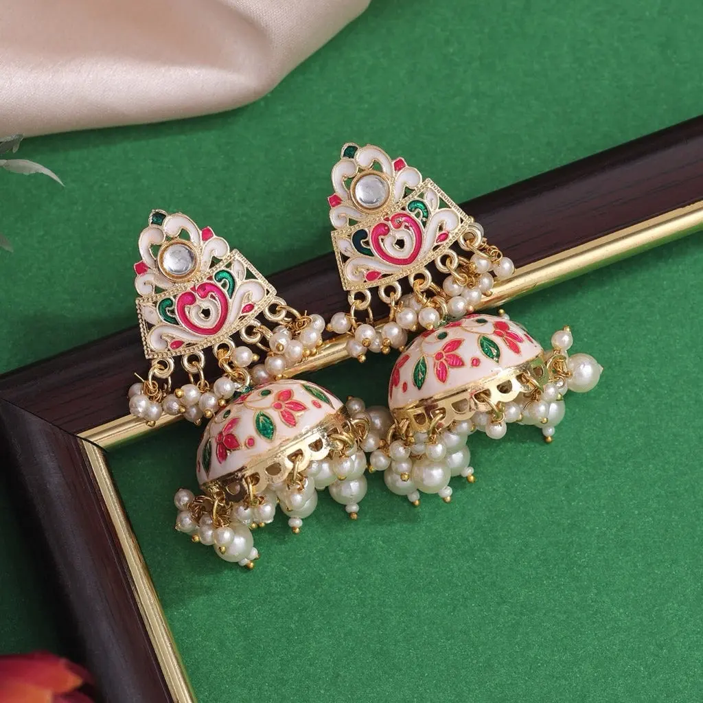 Meenakari Jhumka Earrings with Beads and Stones