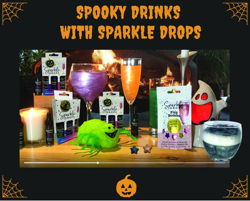 Sparkle Drops Halloween Bundle - Peach, Violet & Lime Syrups with Blackcurrant Heart Fizz Bombs for Drinks-Prosecco, Gin, Vodka, Cocktails & Mocktails - 44 Servings. (Dairy Free, Fruity, Low Fat, Natural Flavours) Sweet Beverage edible glitter 2