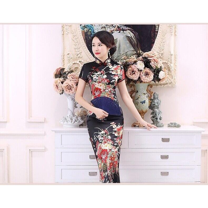 New Luxurious Black Satin Floral Chinese Long Dress Cheongsam Qipao lcdress195 2