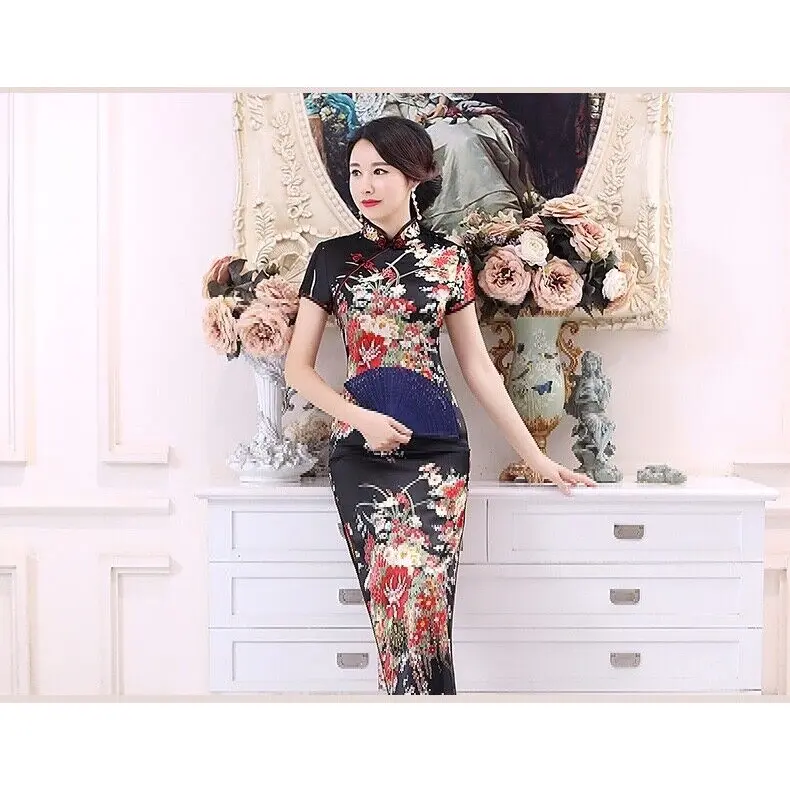 New Luxurious Black Satin Floral Chinese Long Dress Cheongsam Qipao lcdress195 2