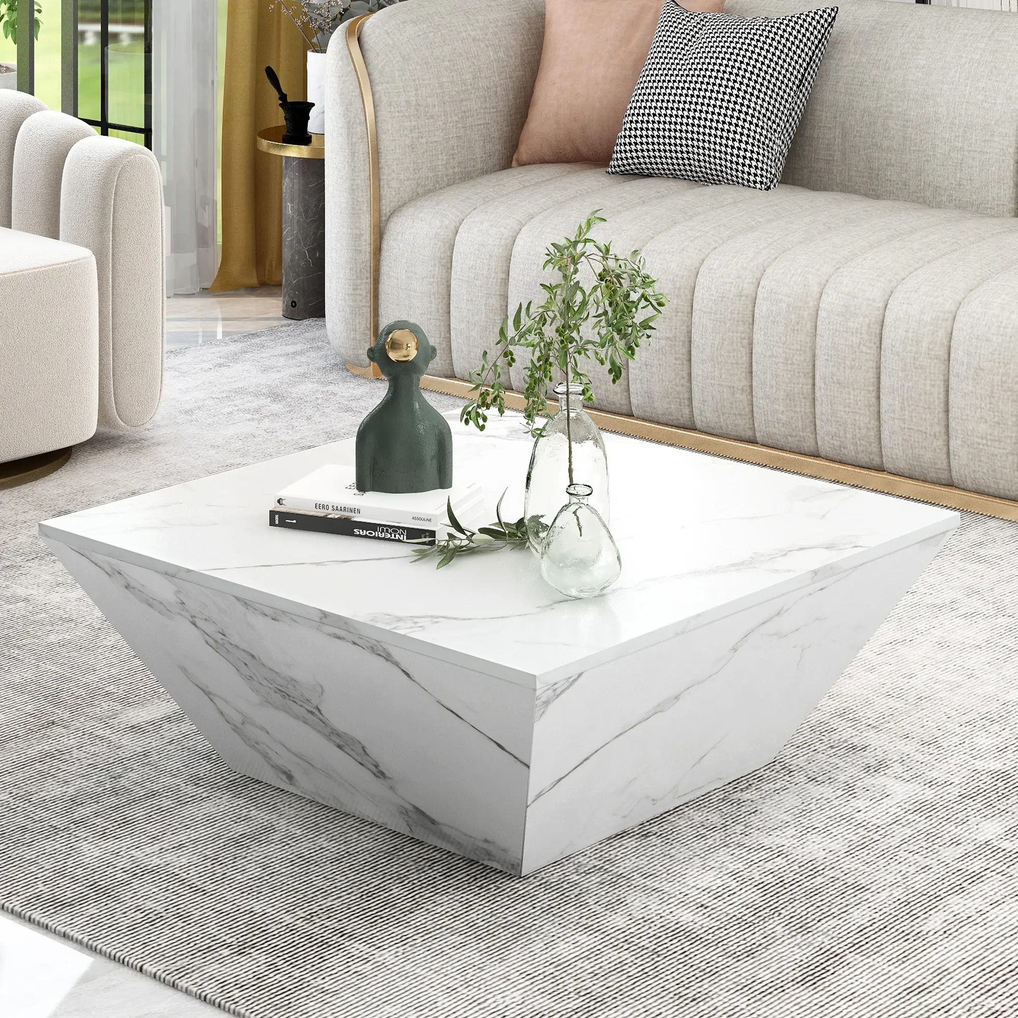 Marbling Veneer (PVC)Coffee Table for Living Room Tea Table Large Side Table with 2 Cabinet White Square Nesting Table Side Table Wooden Centre Table Console Sofa Table with Storage 70*70*36cm