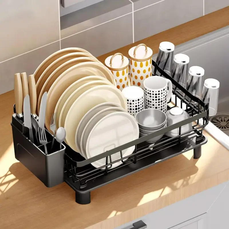 Dish Drainer Kitchen Sink Cutlery Draining Holder Plate Rack with 360°Drip Tray Organiser 6