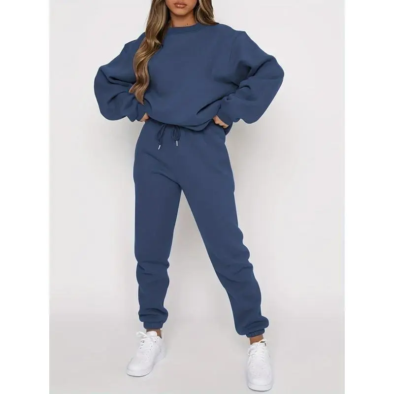【2024】【】Solid Casual Two-piece Set, Crew Neck Long Sleeve Tops & Drawstring Jogger Pants Oufits, Women's Clothing
