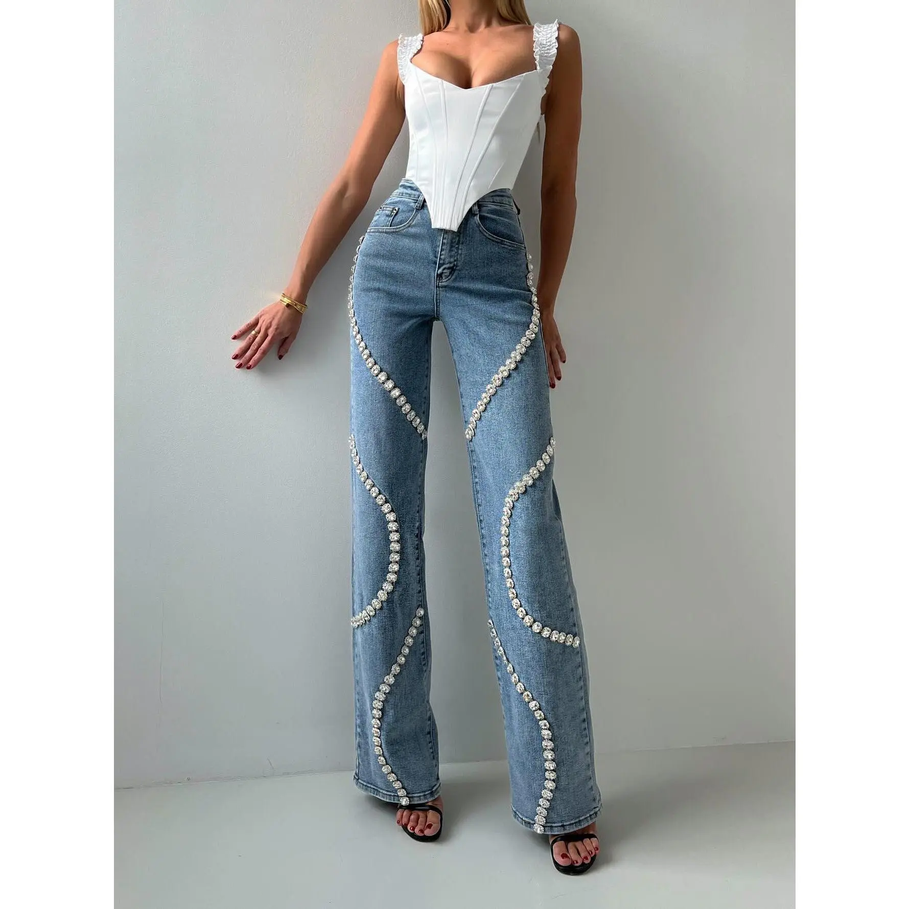 Loose Straight-cut Rhinestone Jeans With Design Sense