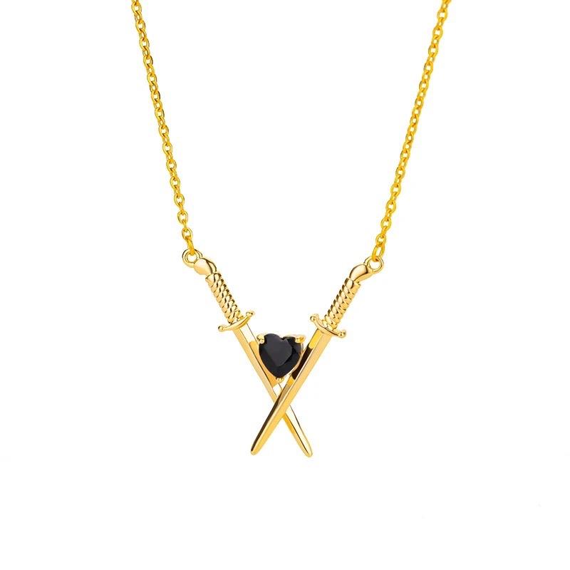 Sword With Black Crystal Heart Necklace In Gold Or Silver Finish, Crossed Over Sword With Heart Design Necklace, Gift Necklace For Her 4