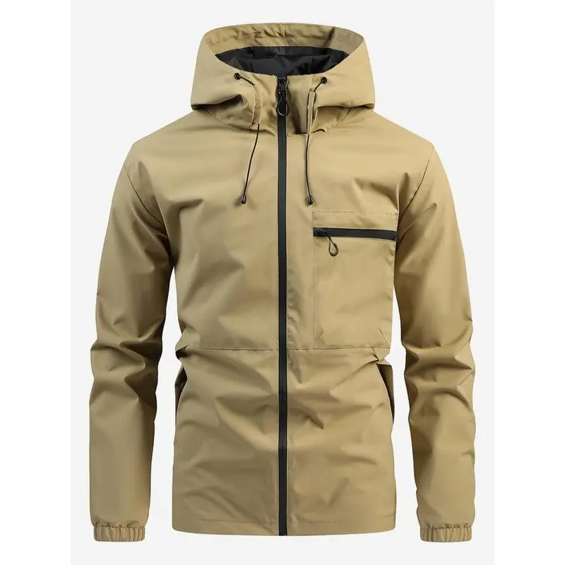 Men's Solid Pocket Drawstring Hooded Jacket, Regular Fit Zip Up Jacket, Stylish Outfit for Spring & Fall, Windbreaker for Men, Menswear, Men's Tops, Mens Clothing,  Winter Coats Underwear Beige Plain 3