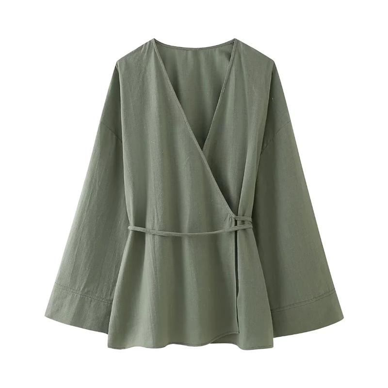 Kimono Woman Summer Long Sleeve Blouses For Women 2024 Vintage Y2k Top With Ties Loose Elegant And Youth Women's Blouses 3