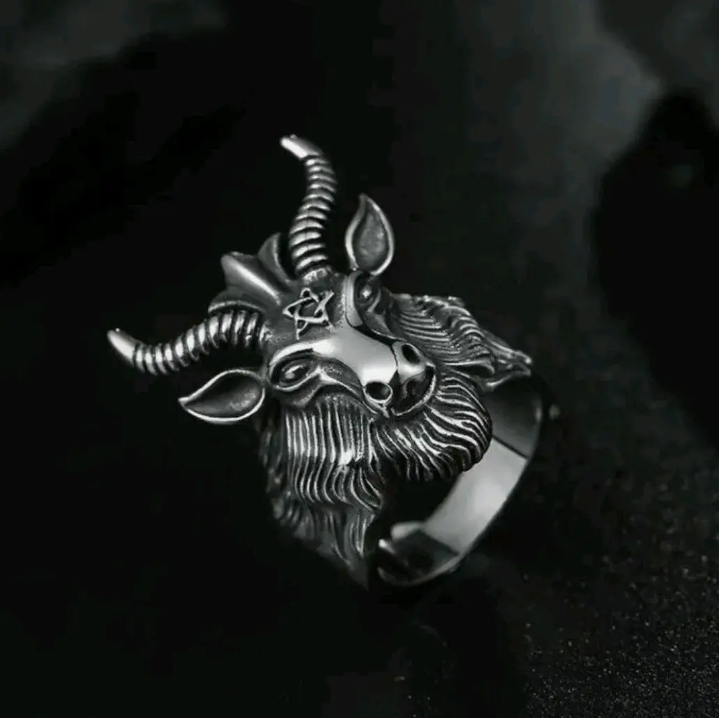 Baphomet Goat Head Black Death Satanic Pentagram Hornet Ram Retro Gothic Ring Male Anniversary Auspicious