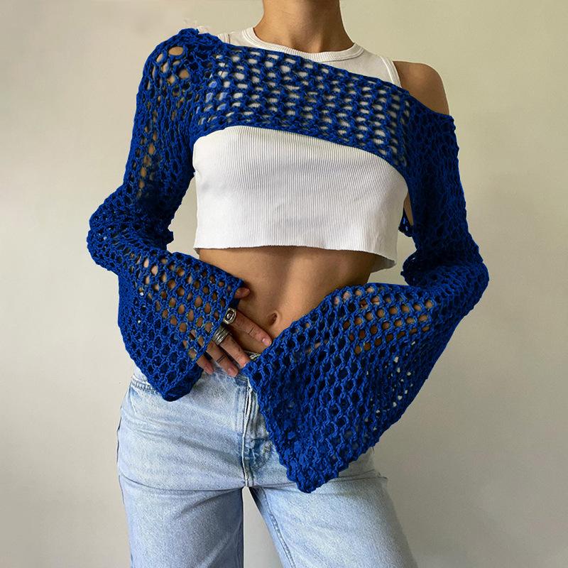Product Introduction of Women Big Fishnet Long Sleeve Cropped Sweaters Summer Fashion Lady O-Neck Flare Sleeve Hollow Out Short Knitted Pullovers Knitwear Womenswear 12