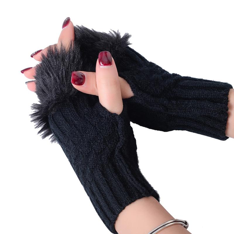 Women's Fur Fingerless Gloves with Faux Trim, Soft and Warm Knitted Mittens - Black, Coffee, Grey, White 1