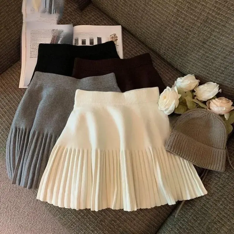 Pleated Skirt Women's Winter High-waisted A-line Skirt Knitted Skirt Preppy Style Women Clothing