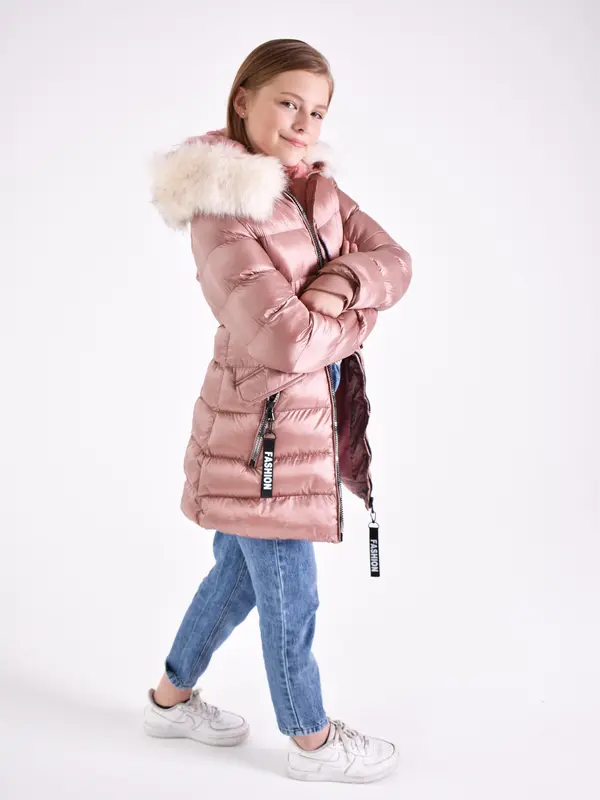 Charcoal Fashion Girl's Shiny Water Resistant Faux Fur Lined Quilted Midi Puffer Coat. Keep Warm, Outdoors,  Hood fur, Back to School 0