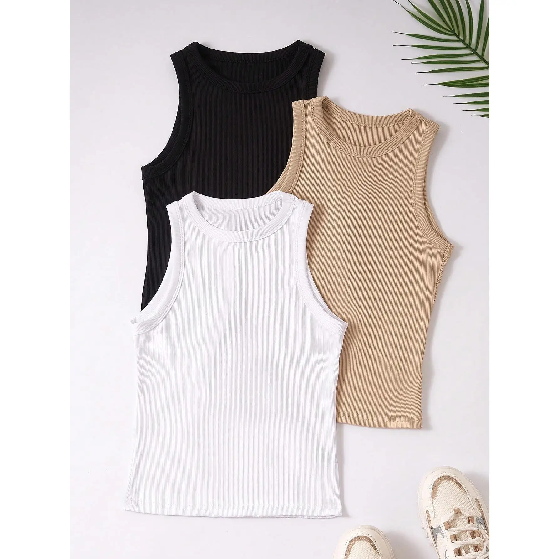 MOOSTA 3pcs Ribbed Knit Tank Top Fabric Fit Multicolor Minimalist Crewneck Casual Comfort Womenswear Basic