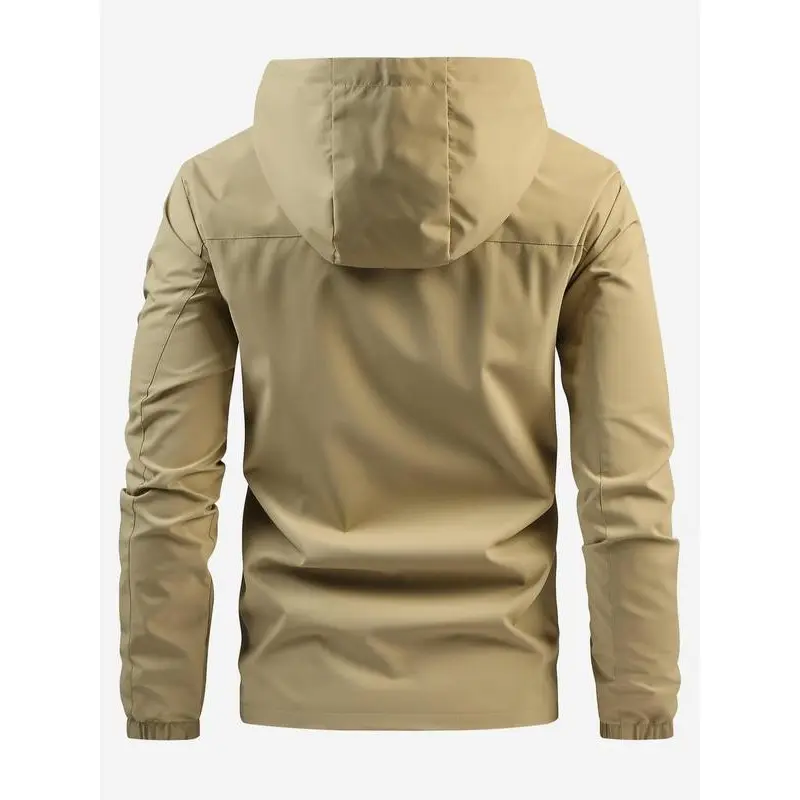 Men's Solid Pocket Drawstring Hooded Jacket, Regular Fit Zip Up Jacket, Stylish Outfit for Spring & Fall, Windbreaker for Men, Menswear, Men's Tops, Mens Clothing,  Winter Coats Underwear Beige Plain 5
