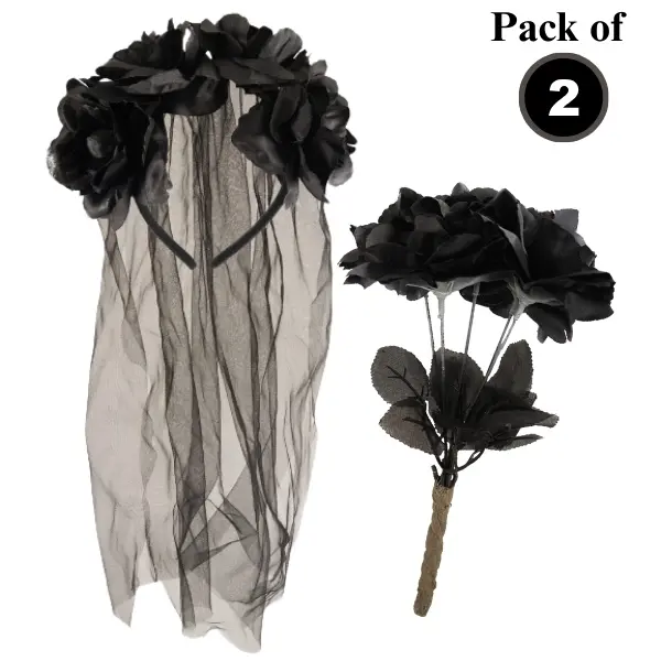 Ladies Gothic Corpse Bride Veil & Black Roses Flowers Bouquet Halloween Perfect For Themed Parties Elegant Light Fit Womenswear