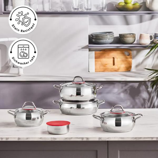 Karaca Emirgan 8-Piece Stainless Steel Induction Cookware Set, Silver Red 4