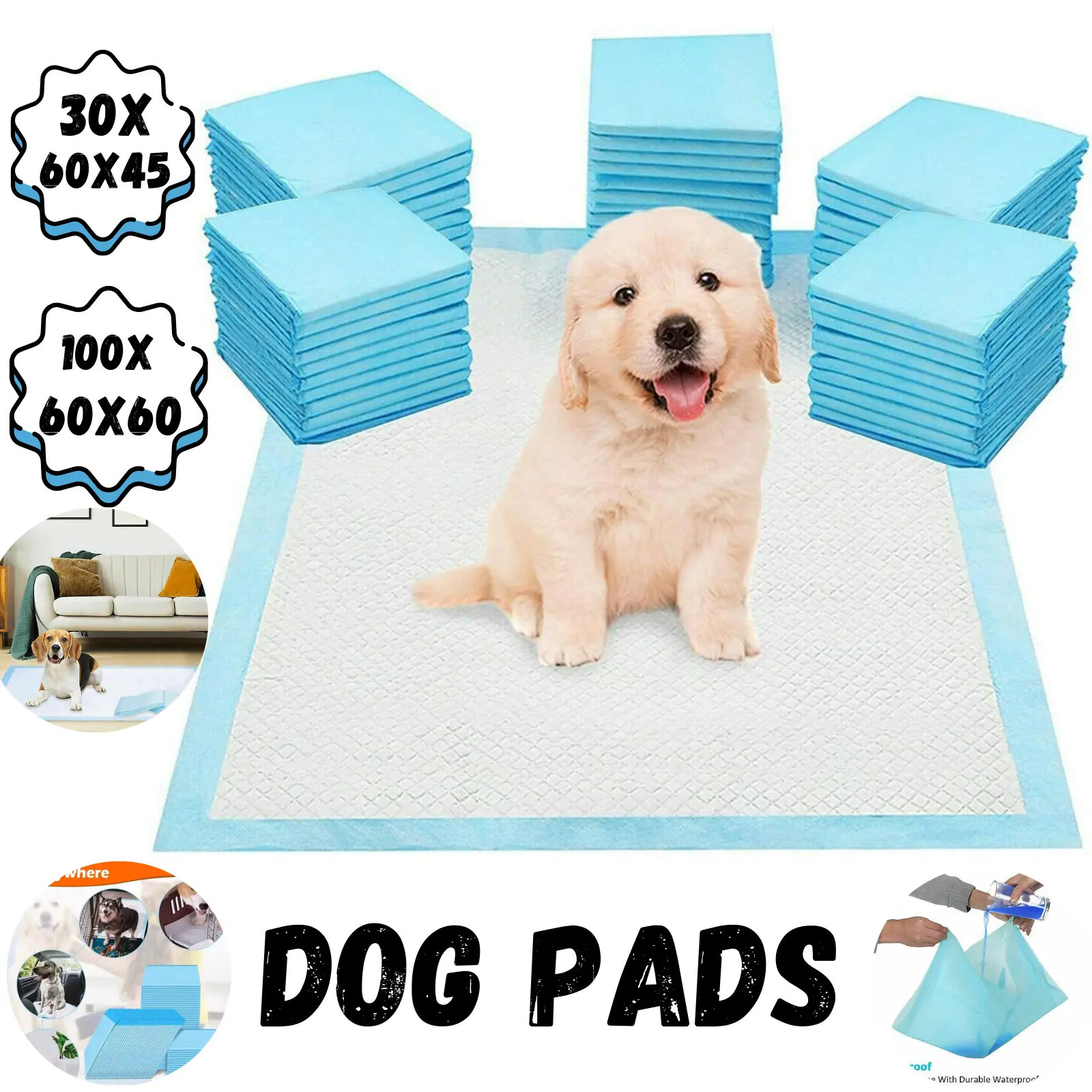 Heavy Duty Puppy Training Pads Toilet Pee Wee Poo Dog Floor Mats Ideal For House Training, Travel & Indoor Use  60 X 60cm & 60 X 45cm
