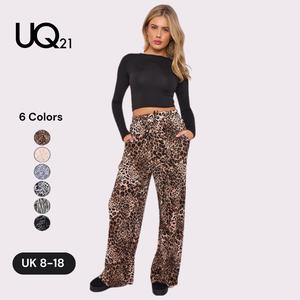 UNIQUE21 Multi Color Print Loose Wide Leg Casual Style Pants High Waisted Elastic Trousers for Women