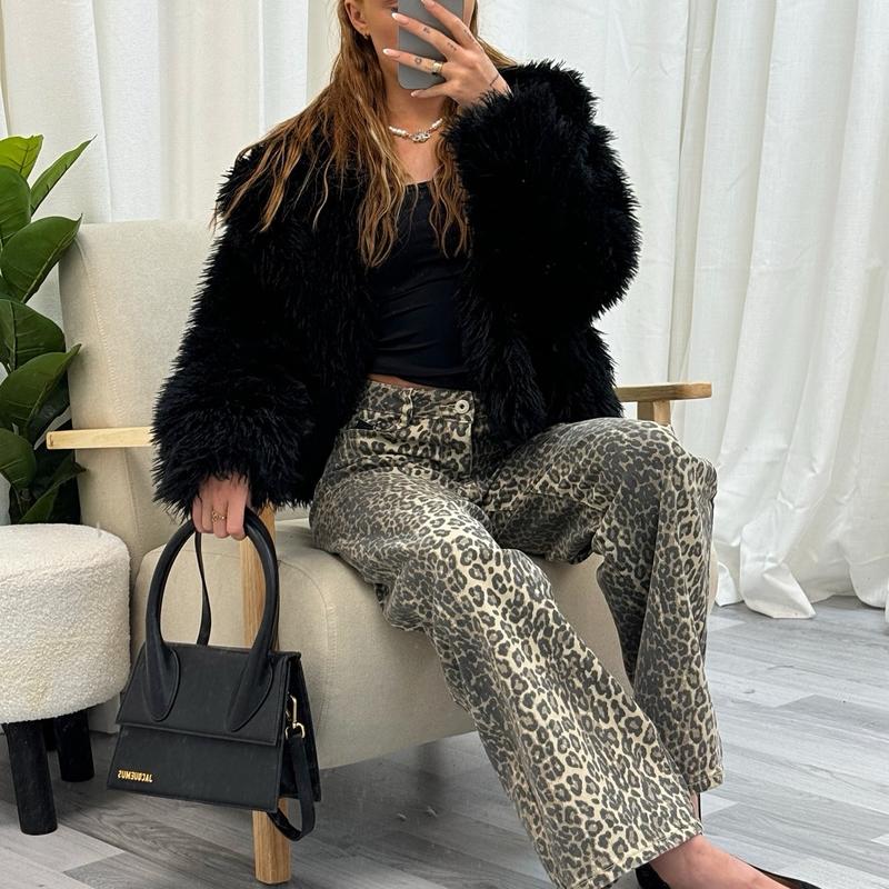 Stretch Leopard Print Denim Dad Jeans Wide Leg Comfy  Comfort Womenswear Bottom Casual Everyday Style Comfortable Day 1