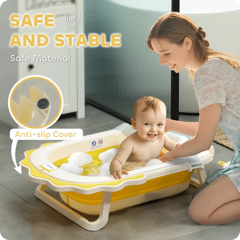 AIYAPLAY Baby Bath Tub Set, Foldable Baby Bath Tub Newborn to Toddler with Support Cushion Pad Seat, Wash Basin, Non-slip Stand & Bottom, Portable Travel Collapsible Baby Bath Set for Infant, Yellow 4