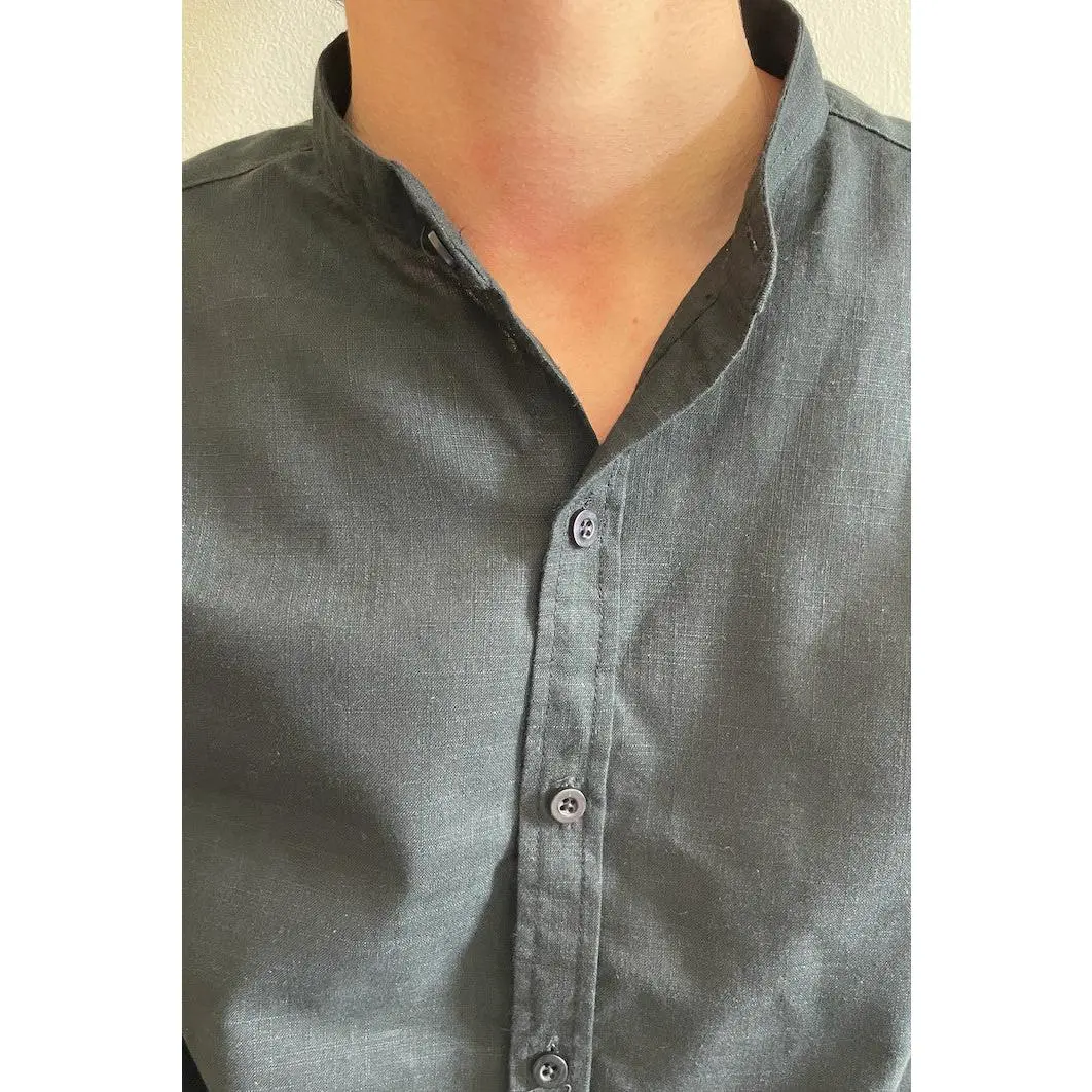 Mens Casual grandad collar 100% cotton long sleeved Shirt in Plain Black