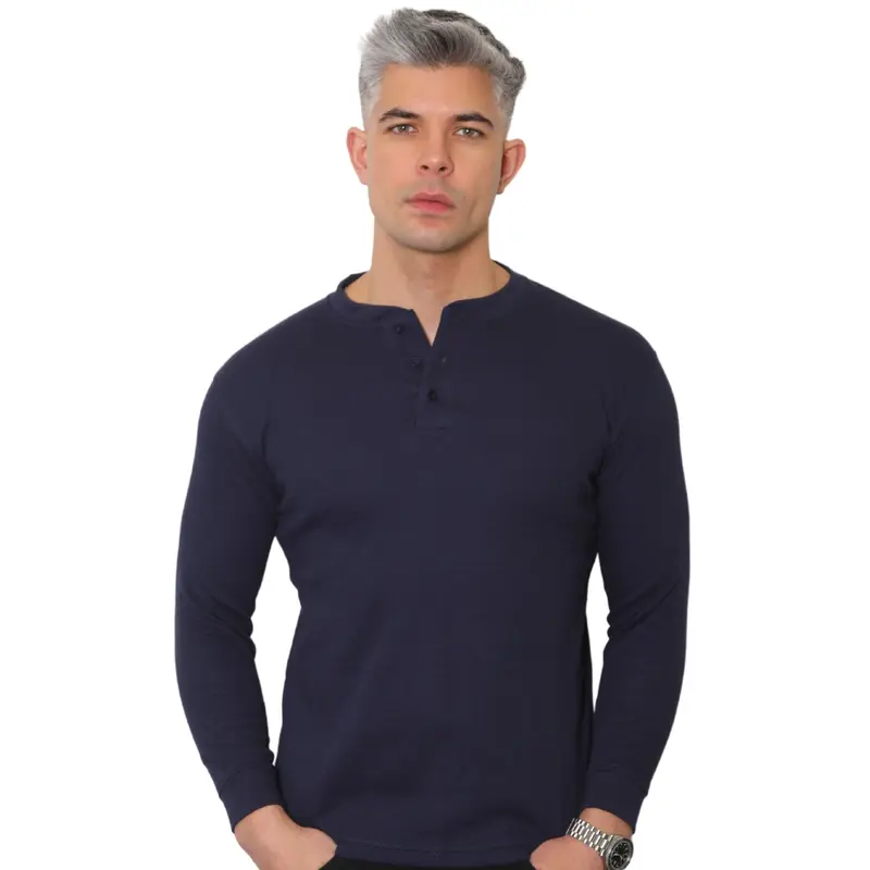 Mens Long Sleeve Henley Shirt Granded Neck Waffle Knit T-shirt Breathable and Comfortable Casual Top M - 3XL Plain Knitwear Jumper represent clothing Menswear Round Neck Grandpa Crewneck Knife Gamis Beige Biker Blue 0