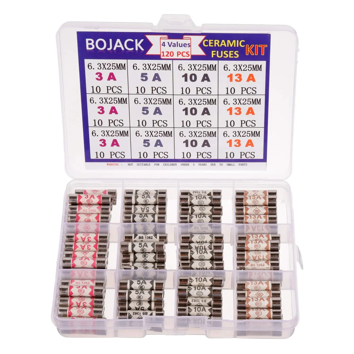 4 Values 120 pcs 3 5 10 13 A amp 240 V Volt Household Mains Plug Fuse 6.3x25mm 0.25x1Inch BS1362 Ceramic Tube Cartridge Fuses Assort Kit packag in a Clear Plastic Box