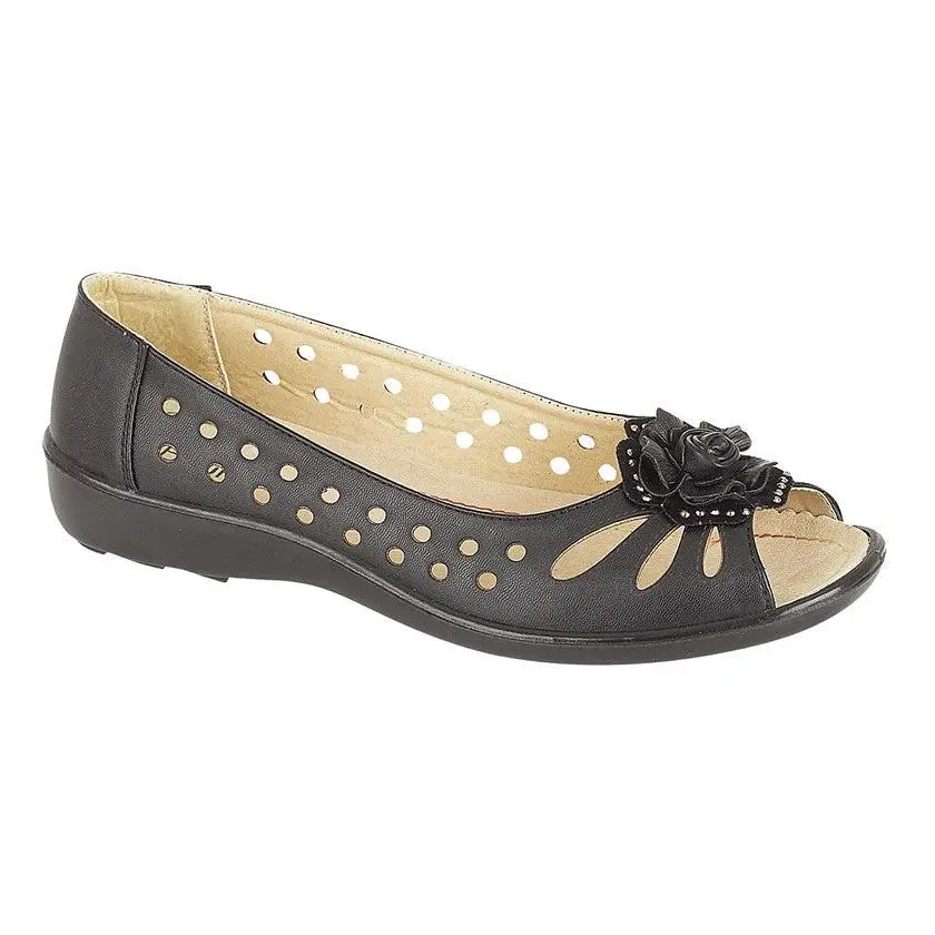 BOULEVARD Punched Open Toe Flower Casual Black PU Shoe with Padded Leather Sock and PU Sole - Footwear (L515 A)