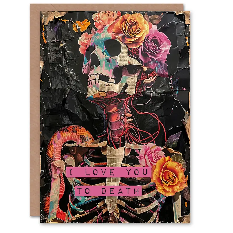 Anniversary Card Floral Gothic Memento Mori Skeleton Collage 0