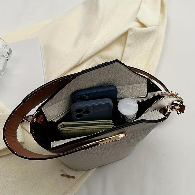 Elegant Beige & White Bucket Bag with Adjustable Strap, Golden-Toned Lock Closure, Large Capacity for Women – Stylish Commuter Bag for Everyday Use, Crossbody Bag 5