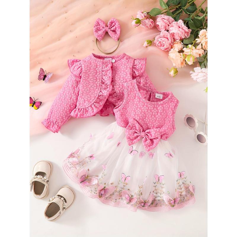3pcs Fashion Casual Girl Butterfly Style Long Sleeve Ruffle Short Top + Sleeveless Mesh Butterfly Dress + Bow Hair Tie 1