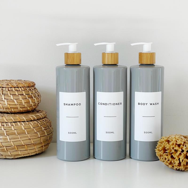 Refillable Grey Plastic Bottle With Personalised White Waterproof Minimalist Label And Black Or White Bamboo Pump - Perfect For Home, Kitchen And Bathroom Organisation - Eco Friendly And Sustainable Dispensers 1
