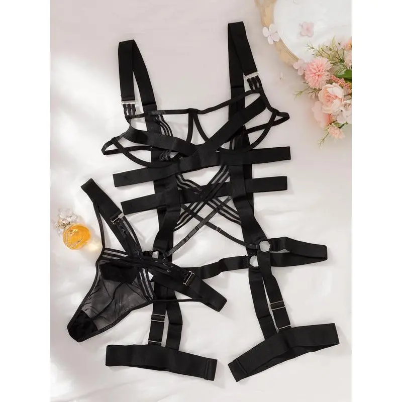 Women's Plus Size 4pcs Criss Cross Sexy Lingerie Set, Plus Size Sexy Costumes, Solid Color Comfort Criss Cross Lace Garter Lingerie Set, Lady Underwear Set for Summer, Womenswear