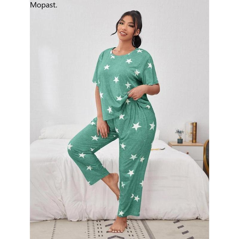 Plus Size Star Print Tee & Elastic Waist Pants Pyjama Set, Casual Comfy Round Neck Short Sleeve T-shirt & Trousers Pj Set, Women's Sleepwear for All Seasons, Wear To Hide Tummy Uk Autumn Wear 2024 Valentine's Day, gift Loungewear Pajamas 3