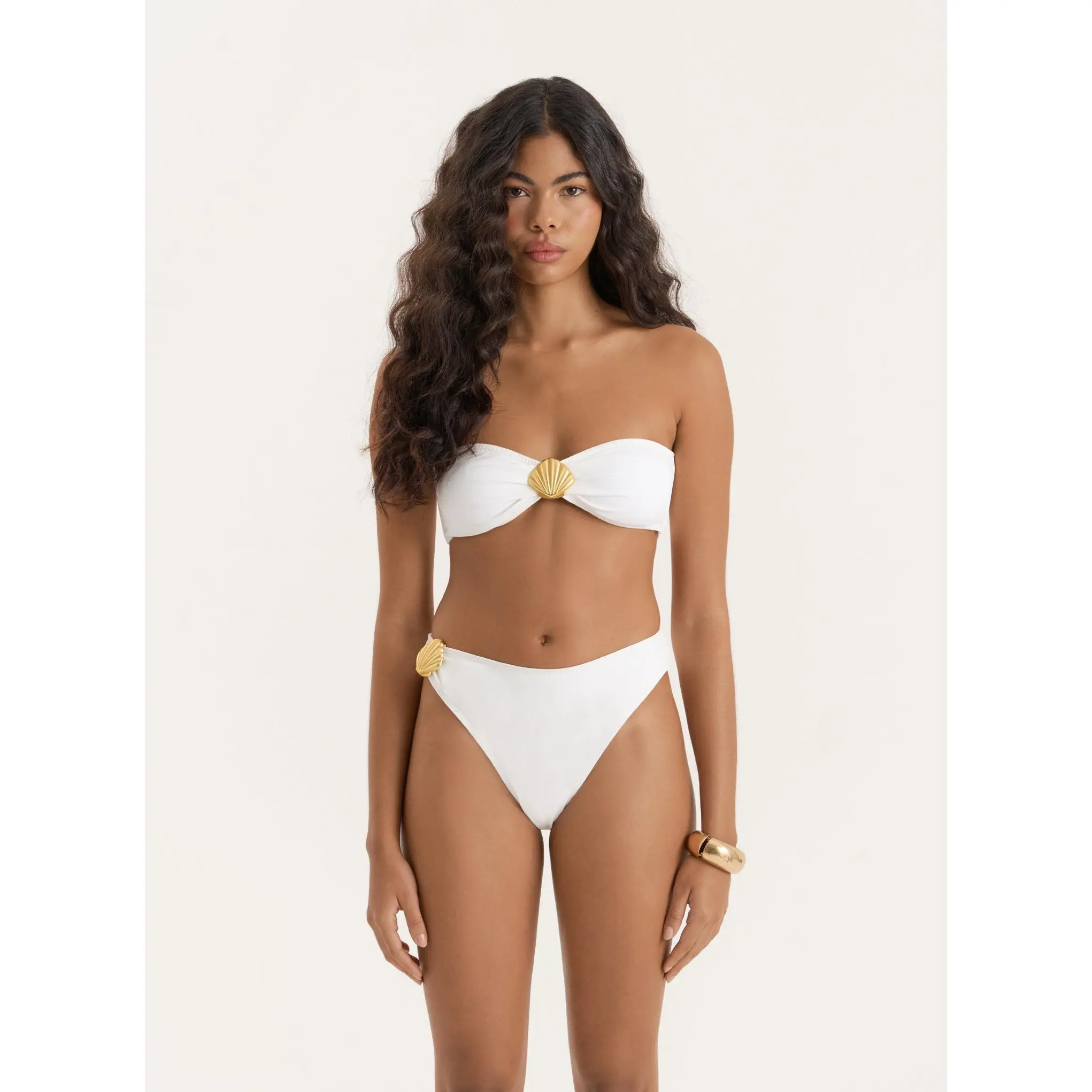 Ivory Shell Buckle Bandeau Bikini Top- Tamia