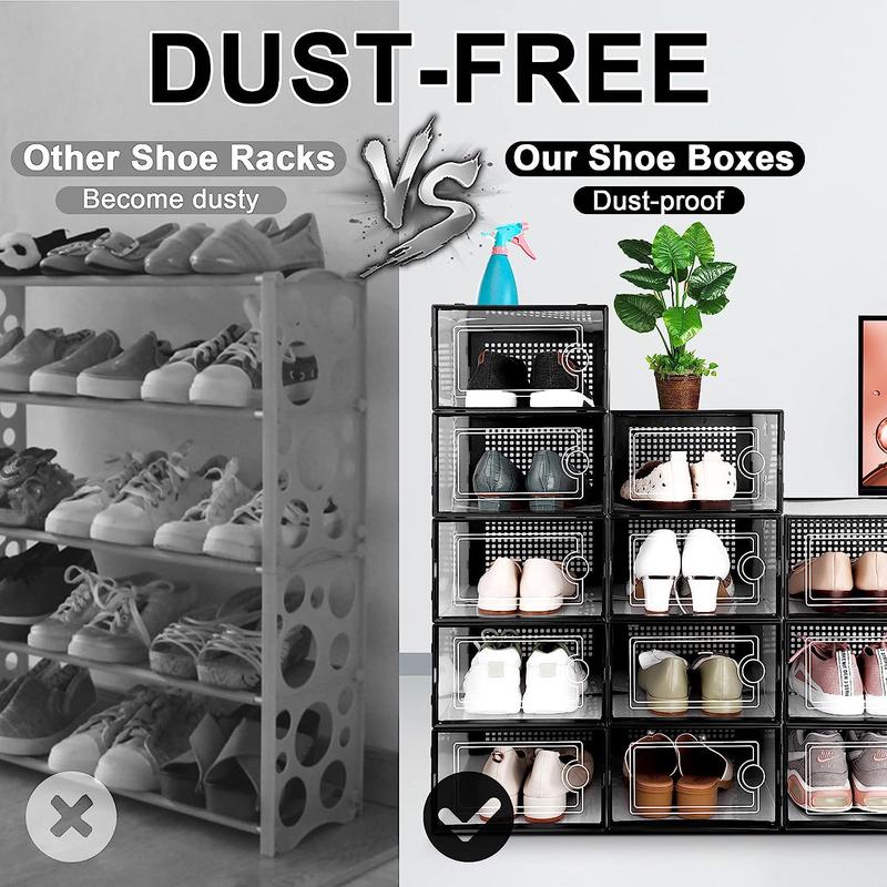 Shoe Storage Box, 12 Pack Clear Transparent Shoe Storage Boxes Hard Plastic Stackable Organiser Containers Bins, DIY Easy Assembly, Sturdy & Durable, Space Saving, Grey Door Frame 4