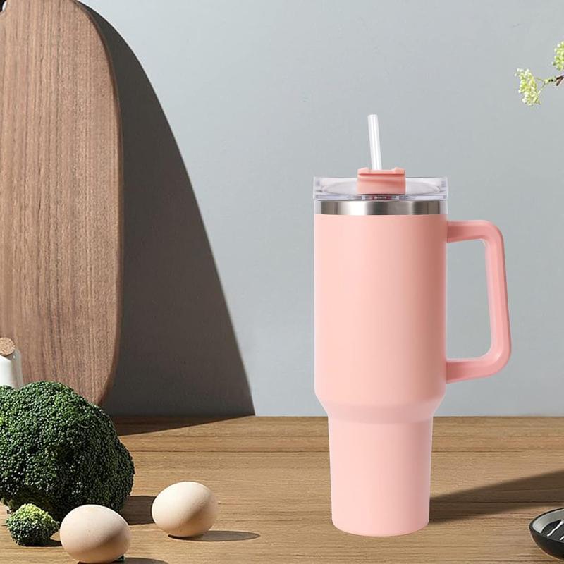 Tumblers Cup with Straw, Lid and Handle, 40oz/1200ml Stainless Steel Coffee Travel Insulated Mug, Leak Proof Vacuum Water Bottle for Hot Iced Drink, High Capacity, Pink Drinkware Flasks Tumbler Cup with Detachable Straw Pouch 3