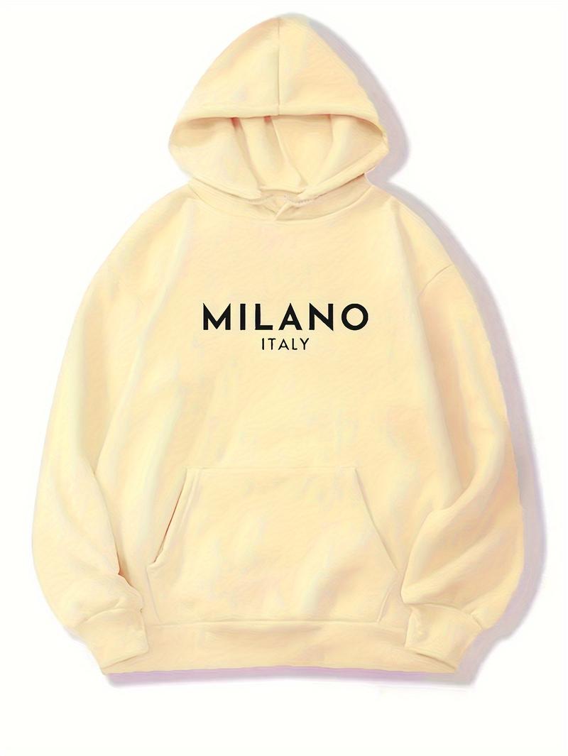 Product Introduction of Milano Print Kangaroo Pocket Hoodie, Casual Long Sleeve Drawstring Hoodies Sweatshirt, Women's Clothing 9