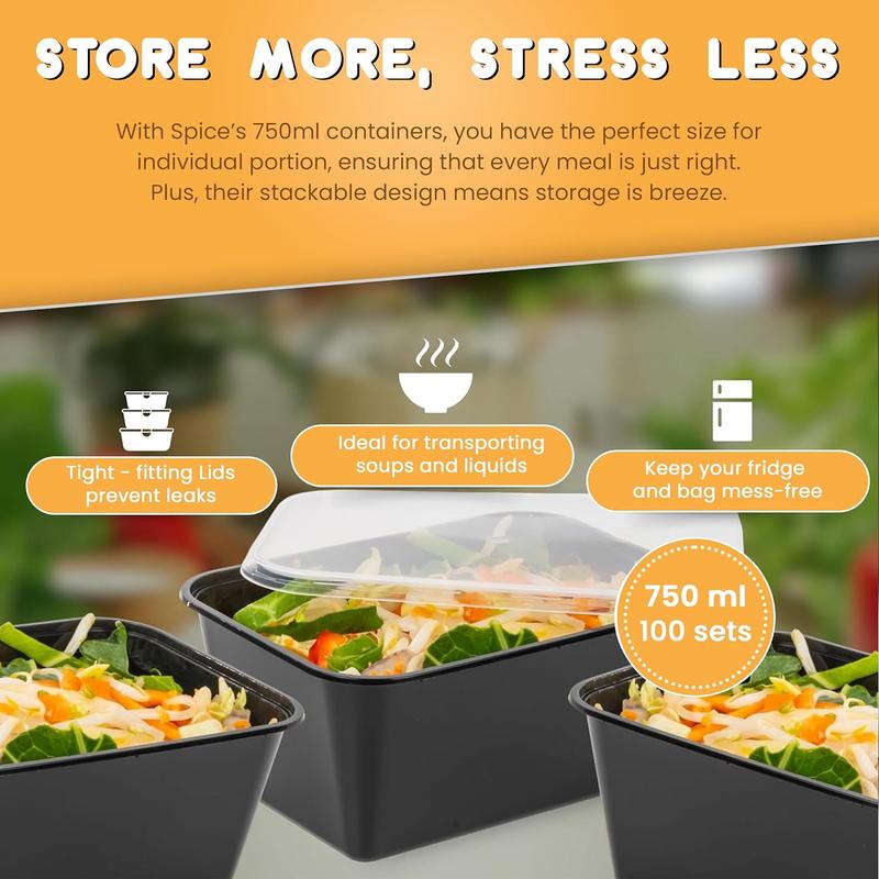 100 x Black Plastic Meal Prep Food Containers, Takeaway Containers With Lids - Microwave Food Storage Containers | Freezer Storage Boxes, Food Containers with Lids, Food Containers - 750ml (10) Disposable 2